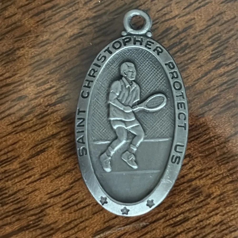 St Christopher Protect Us Tennis Medal Religious Lucky Sport Good Luck Charm VTG